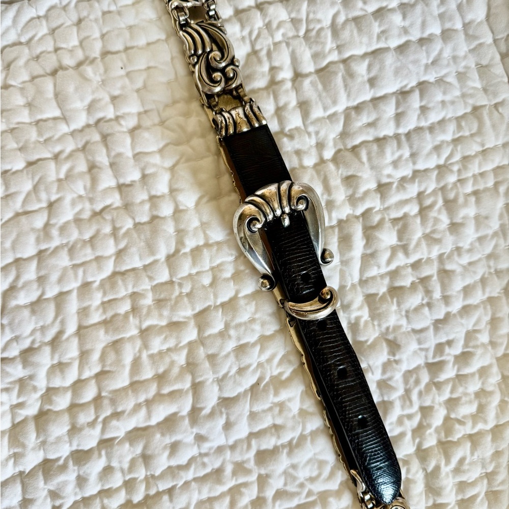 Brighton Silver Black Leather Belt with Ornate Design